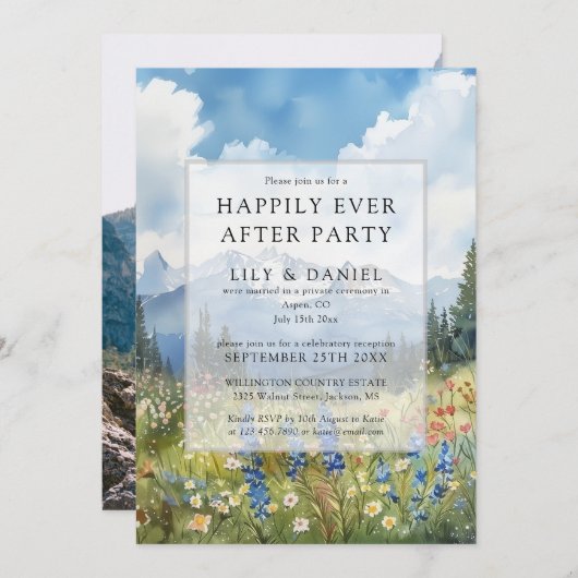 Happily Ever After Floral Mountain Wedding Photo Einladung (Vorne/Hinten)