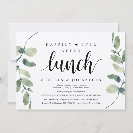 Happily Ever After Lunch, Greenery Rustic Wedding  Einladung (Vorderseite)