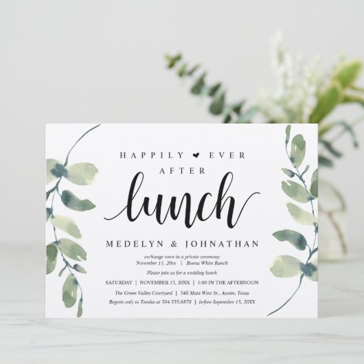 Happily Ever After Lunch, Greenery Rustic Wedding  Einladung (Stehend Vorderseite)