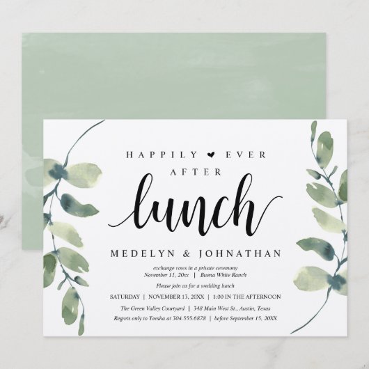 Happily Ever After Lunch, Greenery Rustic Wedding  Einladung (Vorne/Hinten)