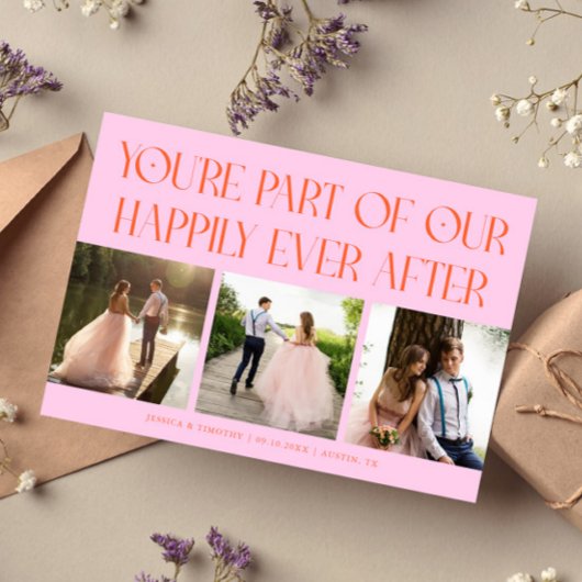 Happily Ever After Orange Pink Wedding Photo Dankeskarte