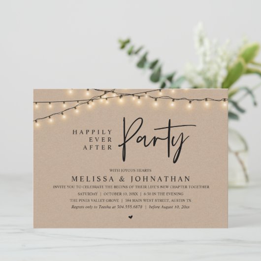 Happily Ever After Party, Rustic String Lights Einladung (Stehend Vorderseite)