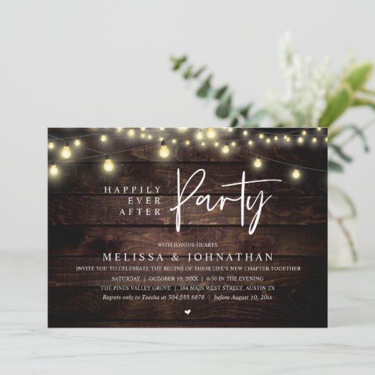 Happily Ever After Party, Rustic String Lights Einladung (Stehend Vorderseite)