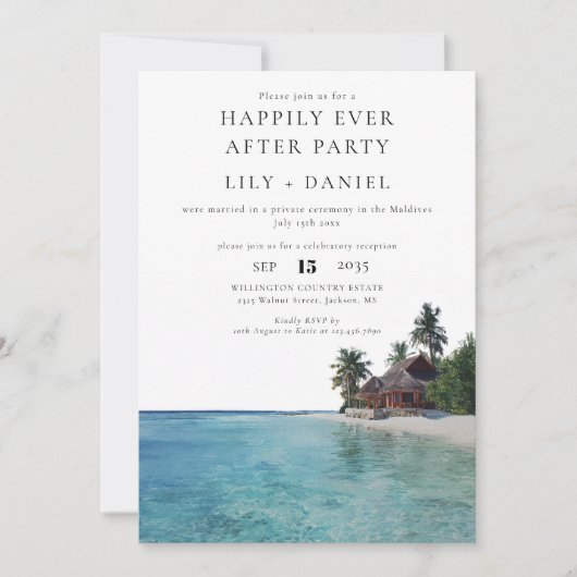 Happily Ever After Tropical Beach Wedding Einladung (Vorderseite)