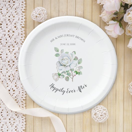 Happily Ever After White Rose Wedding Paper Plates Pappteller