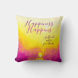 "Happiness Happens" Gelb, Magenta Motif Kissen
