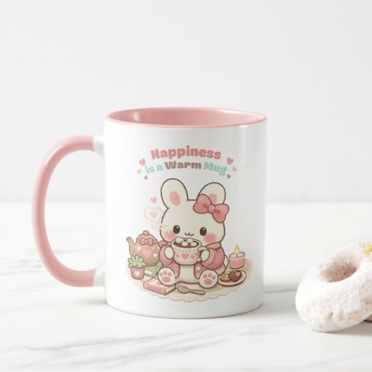 Happiness is a Warm Mug Cute Bunny Rabbit Pink Tasse (Mit Donut)
