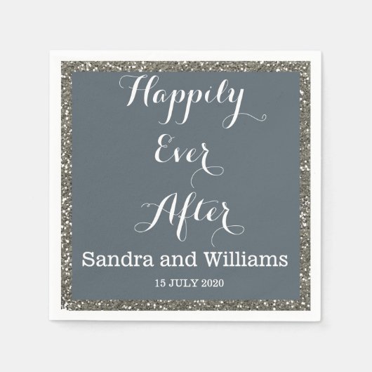 "Happiy Ever After"-Silver-Glitzer Personalisiert Serviette (Vorderseite)