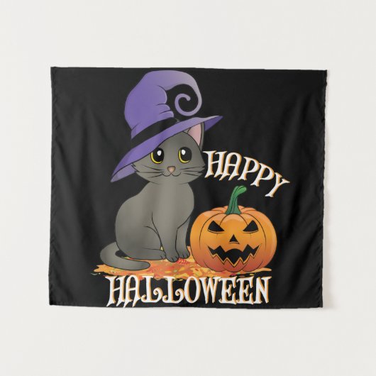 Happpy Halloween Cat mit Pumpkin Wandteppich (Vorderseite (Horizontal))