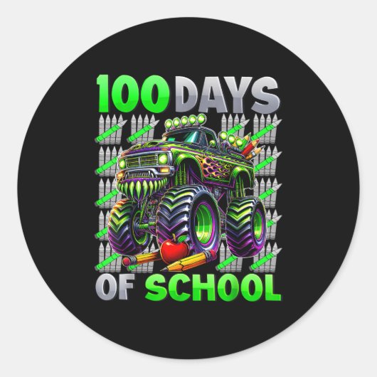 Happy 100 Days Of School Funny Monster Truck Stude Runder Aufkleber (Vorderseite)