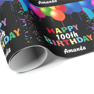 Happy 100. Geburtstag farbenfrohe Balloons Schwarz Geschenkpapier