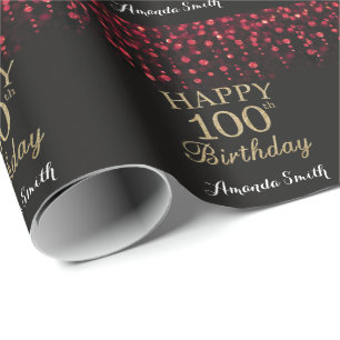 Happy 100. Geburtstag Red Black and Gold Glitzer Geschenkpapier