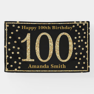 Happy 100. Geburtstagsbanner Black and Gold Glitze Banner