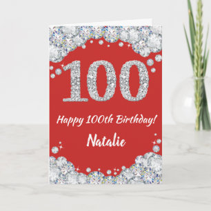 Happy 100. Geburtstagskarte Rot und Silber Glitzer Karte