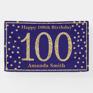 Happy 100th Birthday Banner Navy Blue Gold Glitter