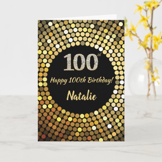 Happy 100th Birthday Black and Gold Glitter Card Karte (Gelbe Blume)