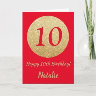 Happy 10. Geburtstagskarte Rot und Gold Glitzer Karte