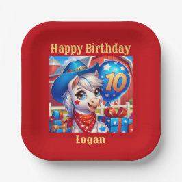 Happy 10-jähriges Cowboy Pony Pappteller