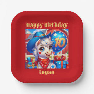 Happy 10-jähriges Cowboy Pony Pappteller