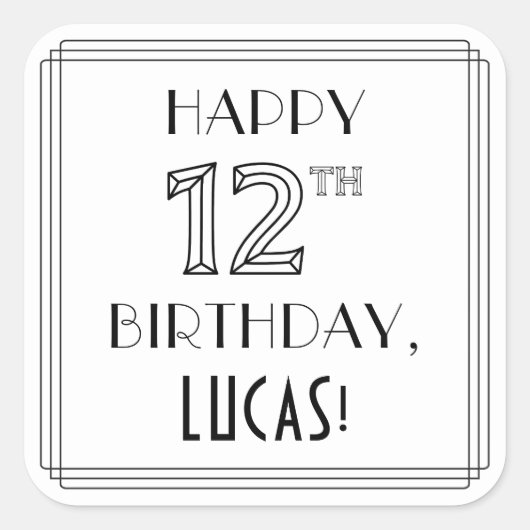 HAPPY 12TH BIRTHDAY, Art Deco Style, Custom Name Quadratischer Aufkleber (Vorderseite)
