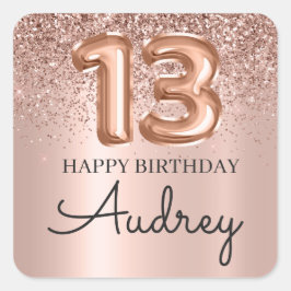 Happy 13. Geburtstag Rose Gold Glitzer Monogram Quadratischer Aufkleber