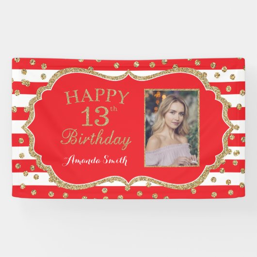 Happy 13th Birthday Banner Red Gold Glitter Photo (Horizontal)