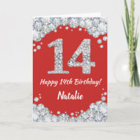 Happy 14. Geburtstagskarte Rot und Silber Glitzer