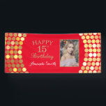 Happy 15. Geburtstag Banner Red and Gold Foto<br><div class="desc">Glückliches 15. Geburtstagsbanner für Frauen oder Männer. Red und Gold Geburtstagsparty Banner. Gold Glitzer Confetti. Schwarze und weiße Streifen. Printable Digital. Für weitere Anpassungen klicken Sie bitte auf die Schaltfläche "Anpassen" und verwenden Sie unser Designwerkzeug,  um diese Vorlage zu ändern.</div>