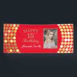 Happy 15. Geburtstag Banner Red and Gold Foto<br><div class="desc">Glückliches 15. Geburtstagsbanner für Frauen oder Männer. Red und Gold Geburtstagsparty Banner. Gold Glitzer Confetti. Schwarze und weiße Streifen. Printable Digital. Für weitere Anpassungen klicken Sie bitte auf die Schaltfläche "Anpassen" und verwenden Sie unser Designwerkzeug,  um diese Vorlage zu ändern.</div>