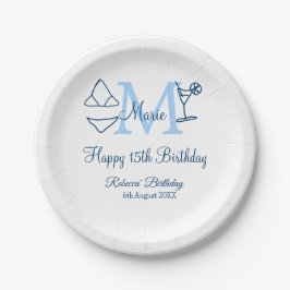 Happy 15. Geburtstag blauer Name Monogram Bikini h Pappteller