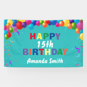 Happy 15. Geburtstag Bunte Balloons Aquamarin Banner