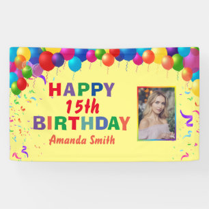 Happy 15. Geburtstag farbenfrohe Balloons Gelb Banner