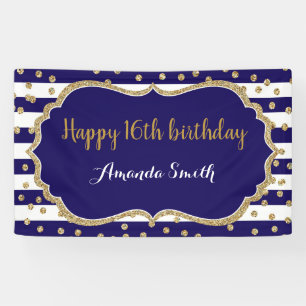Happy 16. Geburtstag Banner Navy Blue Gold Glitzer
