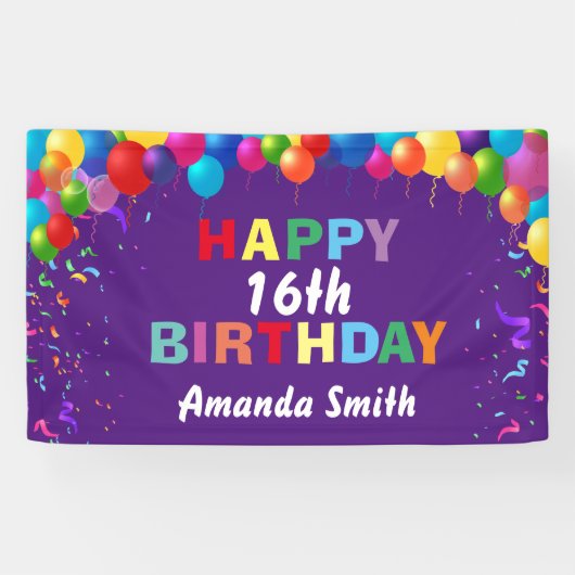 Happy 16. Geburtstag Bunte Balloons Lila Banner (Horizontal)