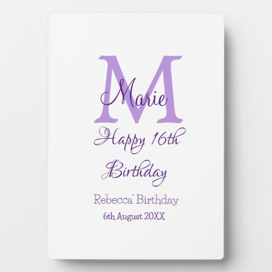 Happy 16. Geburtstag lila Name Monogram hinzufügen Fotoplatte (Vorderseite)