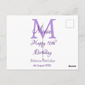 Happy 16. Geburtstag lila Name Monogram hinzufügen Postkarte (Rückseite)