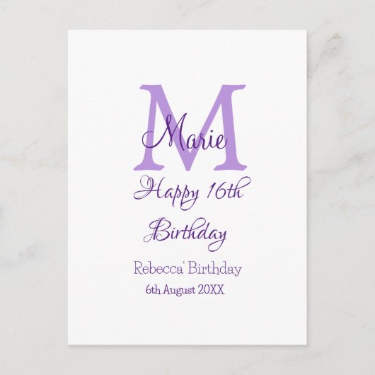 Happy 16. Geburtstag lila Name Monogram hinzufügen Postkarte (Vorderseite)