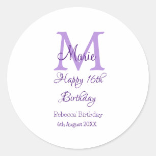 Happy 16. Geburtstag lila Name Monogram hinzufügen Runder Aufkleber