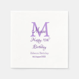 Happy 16. Geburtstag lila Name Monogram hinzufügen Serviette