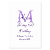 Happy 16. Geburtstag lila Name Monogram hinzufügen Tischnummer (Rückseite)