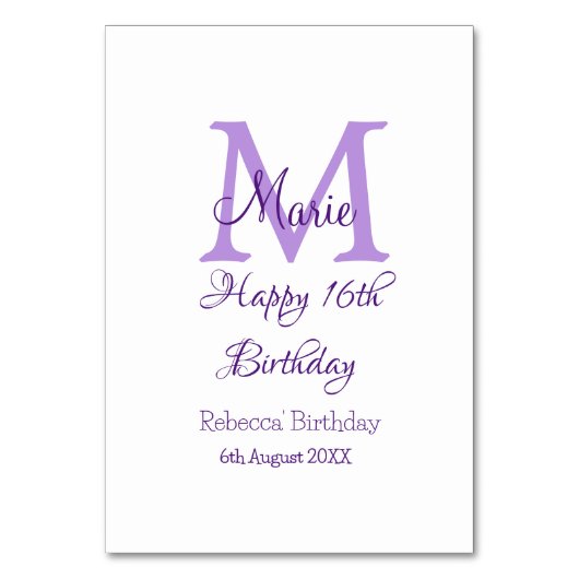 Happy 16. Geburtstag lila Name Monogram hinzufügen Tischnummer (Vorderseite)