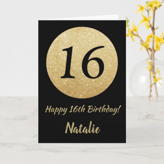 Happy 16h Birthday Black and Gold Glitter Card Karte (Gelbe Blume)