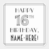 HAPPY 16TH BIRTHDAY, Art Deco Style, Custom Name Quadratischer Aufkleber (Vorderseite)