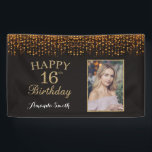 Happy 16th Birthday Banner. Gold Glitter Photo Banner<br><div class="desc">Happy 16th Birthday Banner for women or man. Black and Gold Birthday Party Banner. Gold Glitter Confetti. Black and White Stripes. Printable Digital. For further customization,  please click the "Customize it" button and use our design tool to modify this template.</div>