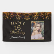 Happy 16th Birthday Banner. Gold Glitter Photo Banner