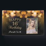 Happy 16th Birthday Banner. Gold Glitter Photo Banner<br><div class="desc">Happy 16th Birthday Banner for women or man. Black and Gold Birthday Party Banner. Gold Glitter Confetti. Black and White Stripes. Printable Digital. For further customization,  please click the "Customize it" button and use our design tool to modify this template.</div>