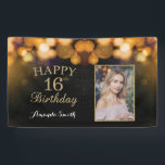 Happy 16th Birthday Banner. Gold Glitter Photo Banner<br><div class="desc">Happy 16th Birthday Banner for women or man. Black and Gold Birthday Party Banner. Gold Glitter Confetti. Black and White Stripes. Printable Digital. For further customization,  please click the "Customize it" button and use our design tool to modify this template.</div>
