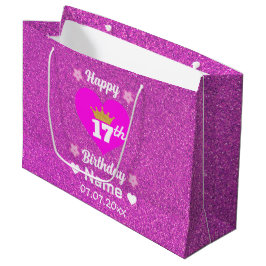 Happy 17. Geburtstag Gold Crown Pink Glitzer Custo Große Geschenktüte