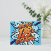 HAPPY 18TH BIRTHDAY Comic Book Pop Art blue Postkarte (Stehend Vorderseite)