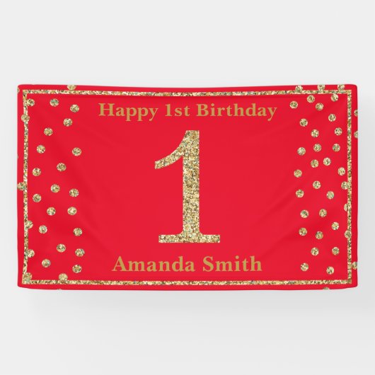 Happy 1. Geburtstag Banner Rot und Gold Glitzer (Horizontal)
